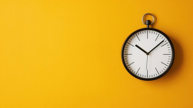 Analog clock at five o clock on yellow background with space for text Vintage style