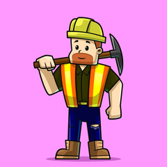 cartoon illustration of a miner carrying an axe