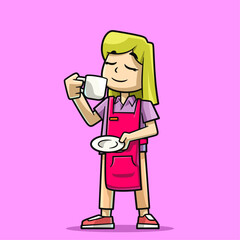 cartoon illustration of a barista holding a cup of coffee