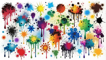 Colorful graffiti-inspired design elements, including spray paint shapes, black ink splatters, and smudges, isolated on a white background vector.