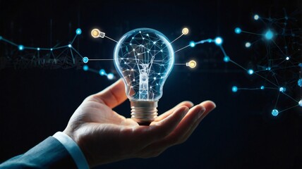 Businessman hand holding creative light bulb with industry network, analysis solution and development marketing network icons
