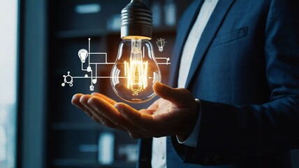 Businessman hand holding creative light bulb with industry network, analysis solution and development marketing network icons
