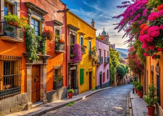 Obraz premium Vibrant colonial architecture lines cobblestone streets, adorned with blooming flowers, ornate balconies, and brightly colored facades, showcasing San Miguel de Allende's charming Mexican heritage.