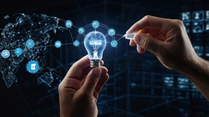 Businessman hand holding creative light bulb with industry network, analysis solution and development marketing network icons

