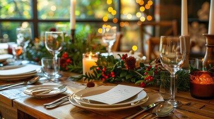 Fototapeta premium Festive Table Setting with Candlelight and Greenery.