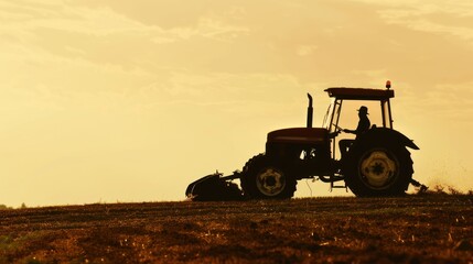 Fototapeta premium Silhouette of a tractor working in a field at sunset.