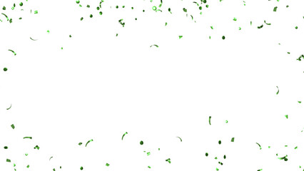 Falling Green Confetti on White Background. Flying holiday tinsel. 
