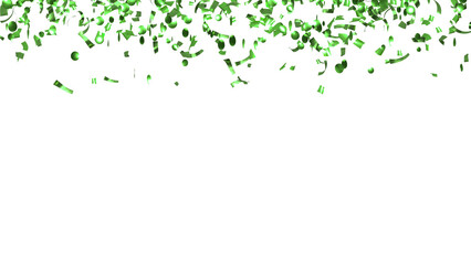 Falling Green Confetti on White Background. Flying holiday tinsel. 