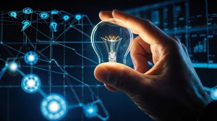 Businessman hand holding creative light bulb with industry network, analysis solution and development marketing network icons
