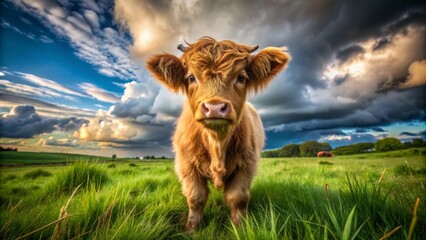 Adorable baby Highland cow with shaggy fur and curious eyes stands alone in a lush green meadow under cloudy sky.