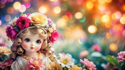 Fototapeta premium Adorable porcelain doll surrounded by vibrant flowers and soft petals, lost in melody, serene bokeh background with ample copy space.