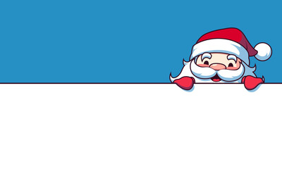 Cute Santa Claus peeking of blank sign, board, card or letter.  Merry Christmas and Happy New Year. Cute cartoon vector illustration. Template for banner, greeting card or letter with copy space