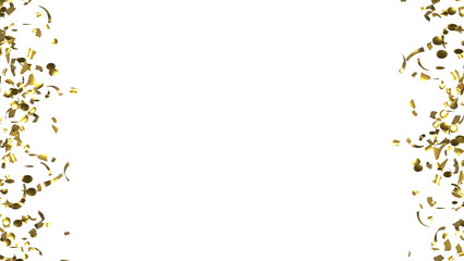 Falling shiny golden Confetti on White Background. Flying holiday tinsel. 