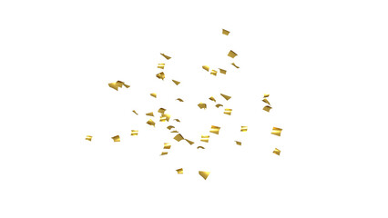 Falling shiny golden Confetti on White Background. Flying holiday tinsel. 