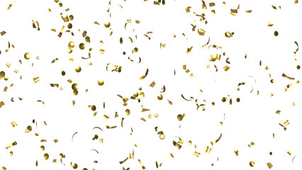 Falling shiny golden Confetti on White Background. Flying holiday tinsel. 