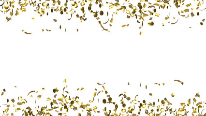 Falling shiny golden Confetti on White Background. Flying holiday tinsel. 