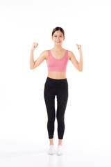 Portrait of beautiful young asian woman in sportswear showing strong muscles isolated on white background, sport and exercise for health, training and strength, female slimming with confident.