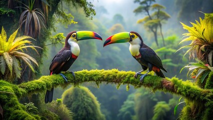 Obraz premium Vibrant two toucan birds perch on a moss-covered tree branch amidst lush green foliage in a misty rainforest jungle atmosphere.
