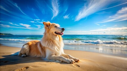 A serene, fluffy dog reigns supreme on a tranquil, sun-kissed beach, surrounded by clear blue sky and gentle ocean waves.