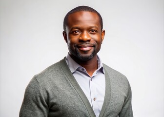 Portrait of a Nigerian man in his 40s in a white background wearing a chic cardigan