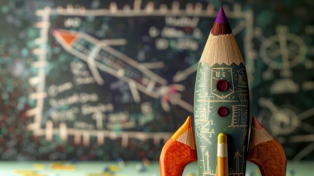 A close-up of a rocket crafted from variously colored pencils,  