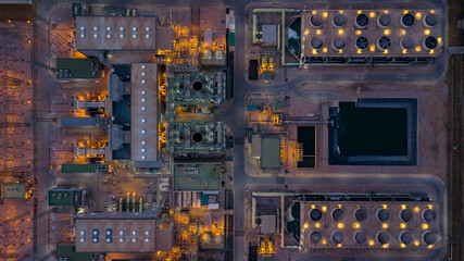 Aerial view power plant station thermal power plant at night, High voltage electrical power plant...