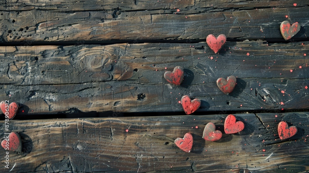 Poster Old wooden surface featuring seven red hearts