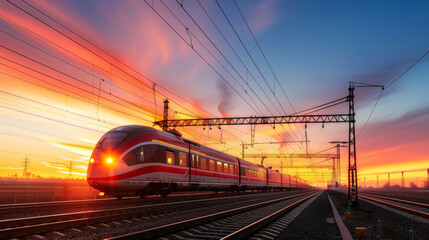 Fototapeta premium A sleek, modern train travels along a network of tracks, illuminated by the golden light of a breathtaking sunset.
