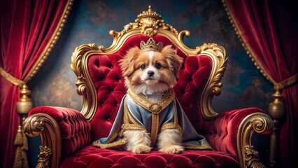 Fototapeta premium Adorable fluffy puppy canine dressed in luxurious royal attire posing majestically on ornate velvet throne against elegant backdrop.