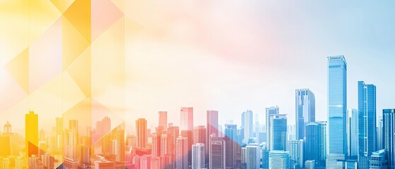 Modern city skyline with colorful abstract overlay reflecting urban development and architectural design at sunrise or sunset.