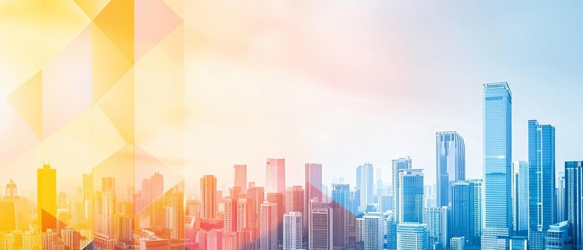 Modern city skyline with colorful abstract overlay reflecting urban development and architectural design at sunrise or sunset.