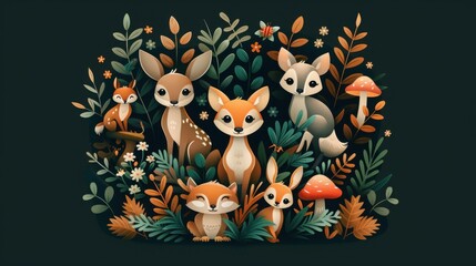 Naklejka premium Charming woodland animals illustration with a fox, rabbit, deer, and hedgehog surrounded by plants, mushrooms, and flowers.