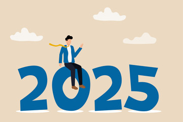 Year 2025 business outlook, vision to see the way forward, forecast, prediction and business success concept, businessman leader using telescope to see vision on top of ladder above year 2025