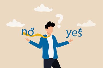 Business decision yes or no, true or false, correct and incorrect, moral choosing option concept, thoughtful businessman holding right or wrong of left and right hand while making decision