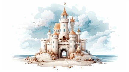 Majestic sandcastle on a serene beach with a vibrant sky background. Captivating fantasy artwork perfect for imaginative and creative projects.