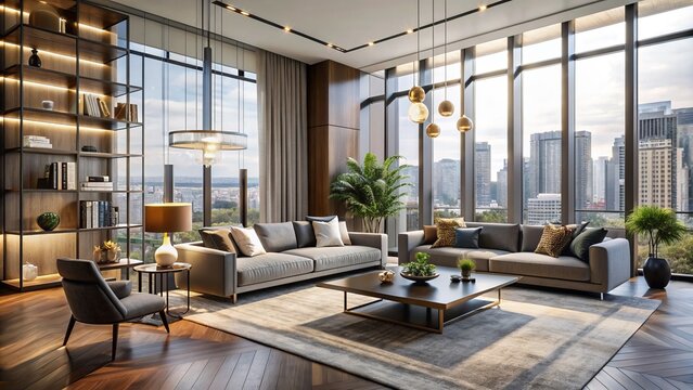 Luxurious modern living room with sleek furniture, tall windows, and minimalist decor, perfect for sophisticated product showcase and mockup.