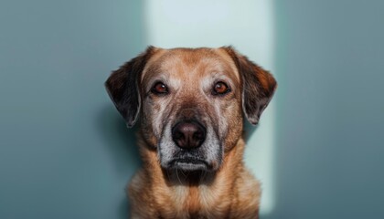 A dog with a white nose and brown eyes is looking at the camera