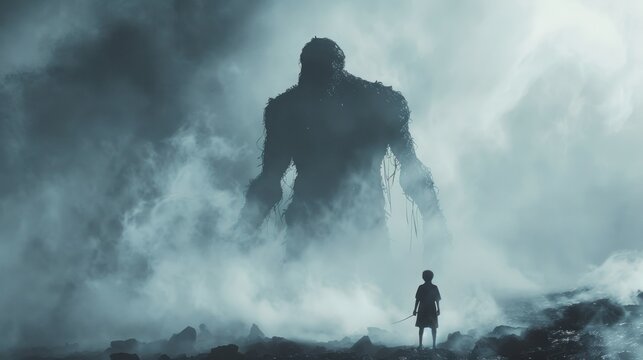A Small Figure Confronts a Giant in a Misty Landscape
