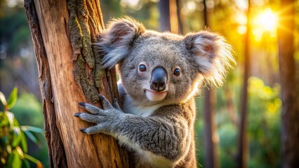 Fototapeta premium Adorable furry koala with soft gray and white fur clings to eucalyptus tree trunk in sunlit Australian forest near Melbourne.