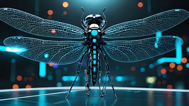 Futuristic dragonfly with glowing blue wings.