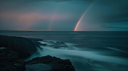 Twilight Rainbow: Cinematic View Over Ocean