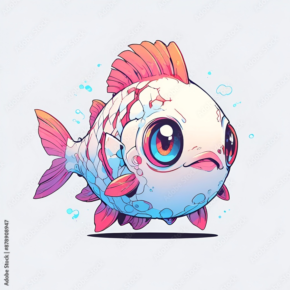 Poster a cartoon fish with a pink tail and blue fins