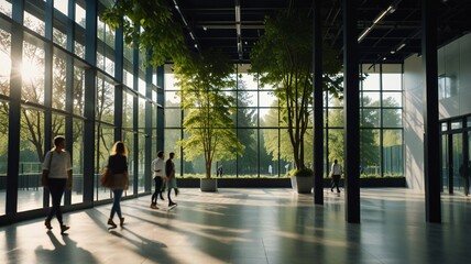 Blurred background of people walking in a modern office building with green trees and sunlight , eco friendly and ecological responsible business concept