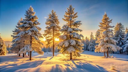 Serene snow-encased pine trees stand tall amidst glistening frost, illuminated by soft, warm golden light on a tranquil winter morning.