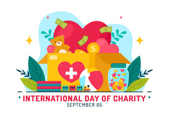 Vector Illustration for International Day of Charity on September 5th with a Donation Package, Love Concept Background by Volunteer in Flat Cartoon