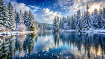 Obraz premium Snowflakes gently fall on serene frozen lake surrounded by snow-covered evergreen trees in a peaceful winter wonderland scenery.
