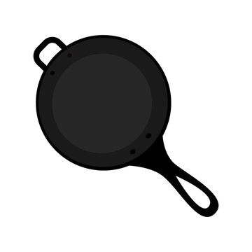 Circle cast iron fry pan with handle in cartoon style. Top view. Isolated Promo design element idea