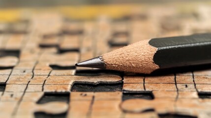A sharp pencil poised over a partially solved crossword puzzle