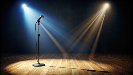 Spotlight shines on empty stage with microphone stand, casting a lone shadow, evoking a sense of anticipation for a performance.
