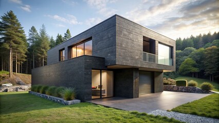 Sleek modern black cube house with stone tile cladding exterior, angular lines, and minimalist design, nestled in a serene landscape.